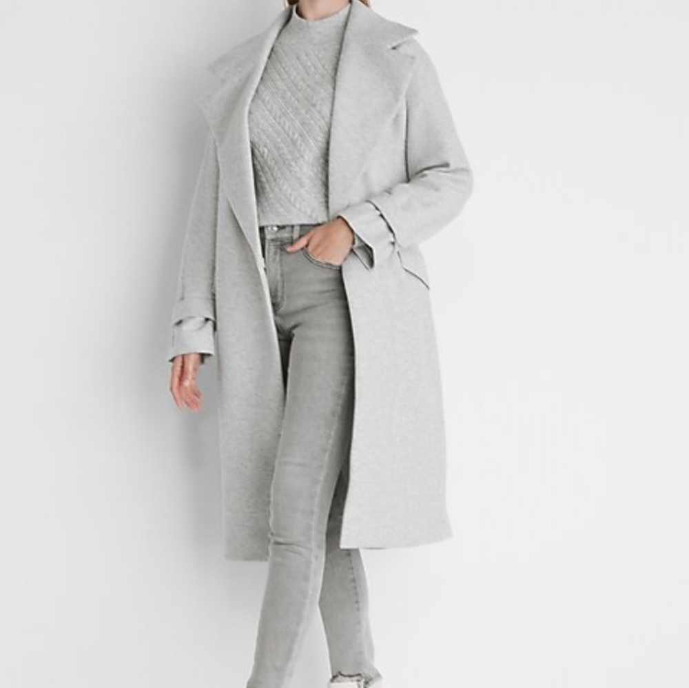 Express Belted Wrap Front Faux Wool Coat Light Gray HAL3 - Picture 2 of 16